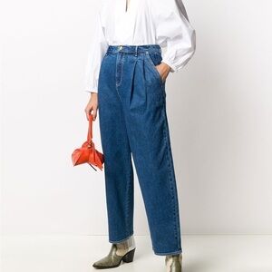 Tory Burch Pleated Boyfriend Straight Jeans Size 2 Blue High Rise
